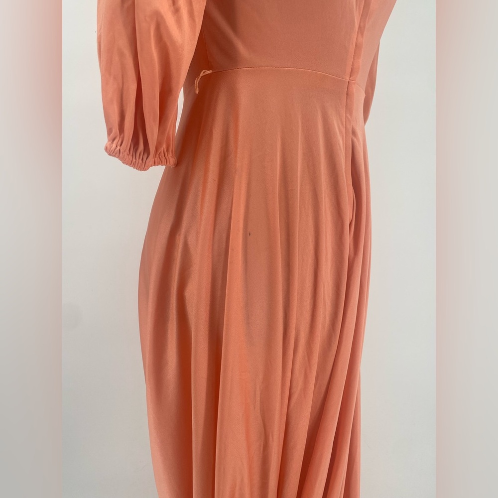 1970s Coral Nylon Hostess Dress House Coat / Maxi Length Lounging Gown - Picture 13 of 16